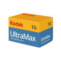 A box of Kodak UltraMax 400 color negative film, featuring a yellow top half with red Kodak branding and a blue bottom half with white UltraMax text, shown on a white background.