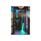 A vertical art print or poster depicting a neon-lit alleyway at night, featuring a glowing green neon floor light, a dark doorway with a winged skull mural, and colorful neon signs in blue, pink, and orange, presented on a white background.