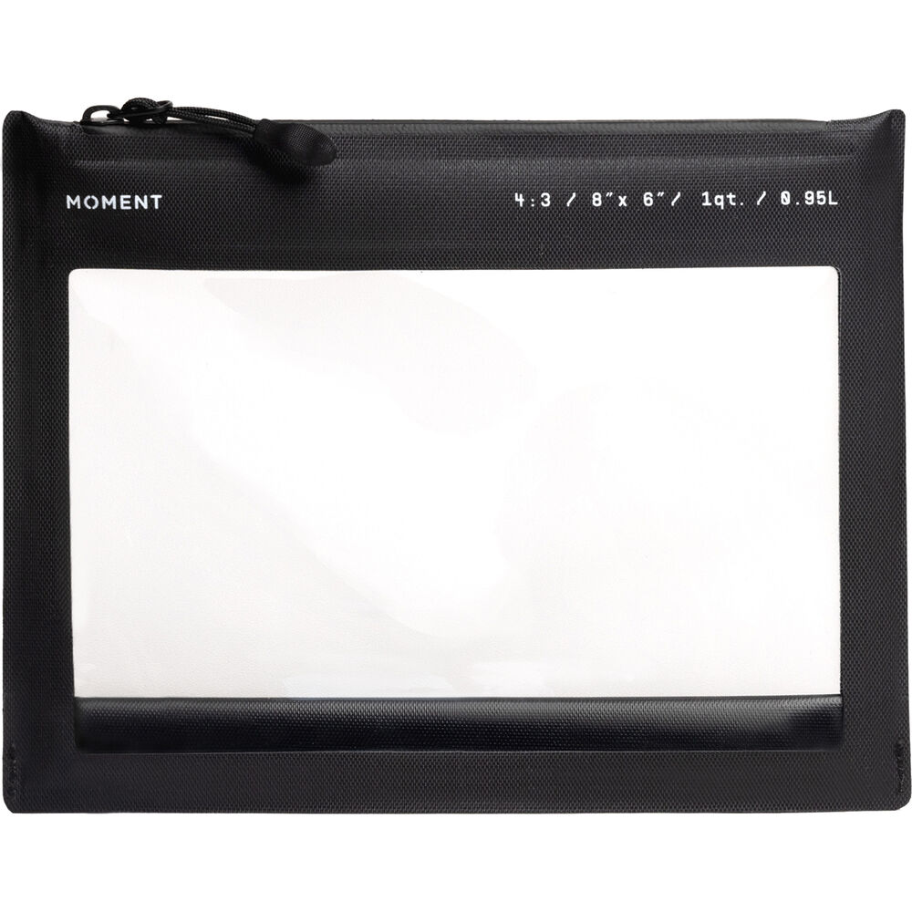 Black pouch with a clear window on a white background