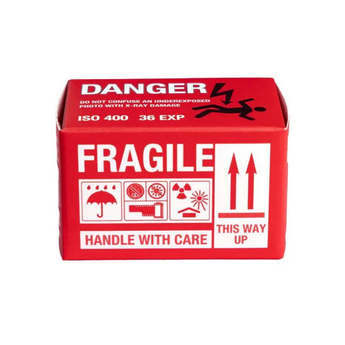 A red and white shipping box with handling instructions, including 'DANGER', 'FRAGILE', 'HANDLE WITH CARE', and 'THIS WAY UP' printed in white and black.