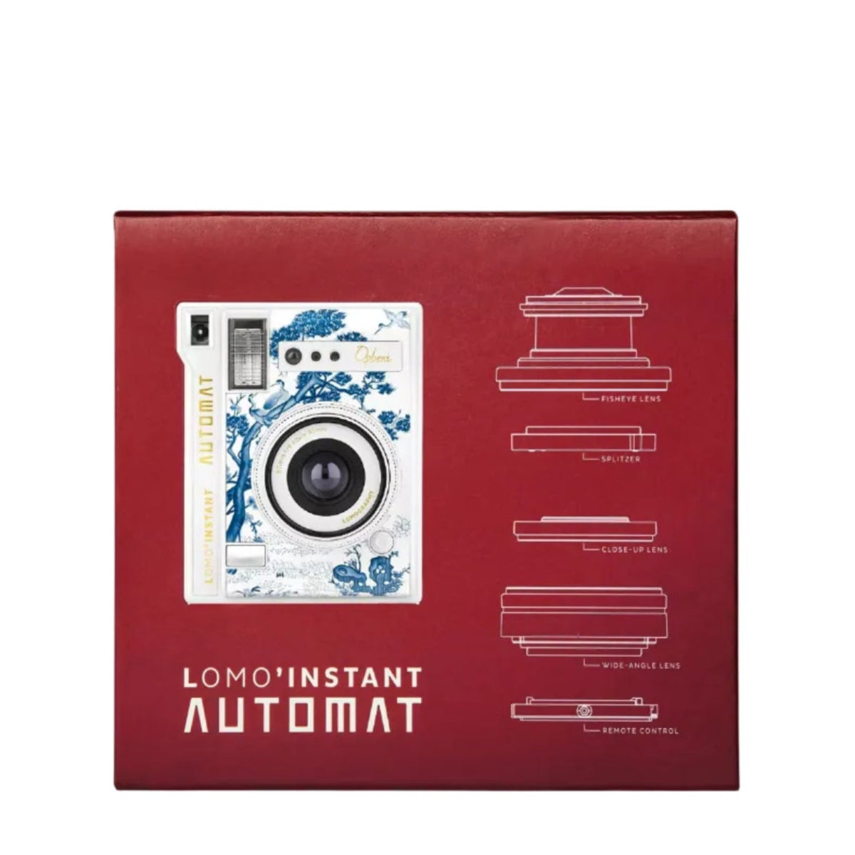 Red Lomo Instant Automat camera packaging box featuring a white and blue Japanese wave-patterned camera illustration, white technical line drawings, and the LOMO INSTANT AUTOMAT text on a light gray background.