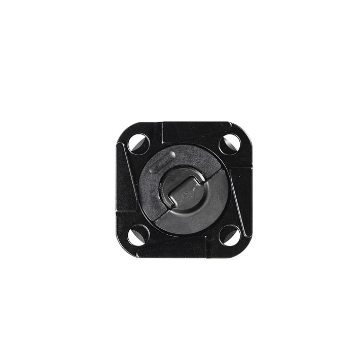 A black square plastic component with rounded corners, four mounting holes, and a circular center tab, shown on a plain white background.