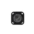 A black square plastic component with rounded corners, four mounting holes, and a circular center tab, shown on a plain white background.
