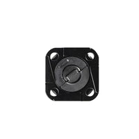 A black square plastic component with rounded corners, four mounting holes, and a circular center tab, shown on a plain white background.
