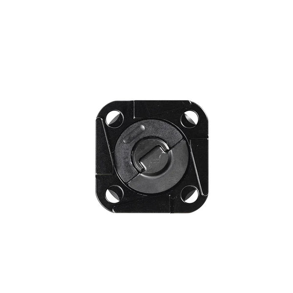 A black square plastic component with rounded corners, four mounting holes, and a circular center tab, shown on a plain white background.