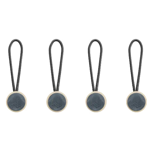 Four keychain tags with black loops on a white background