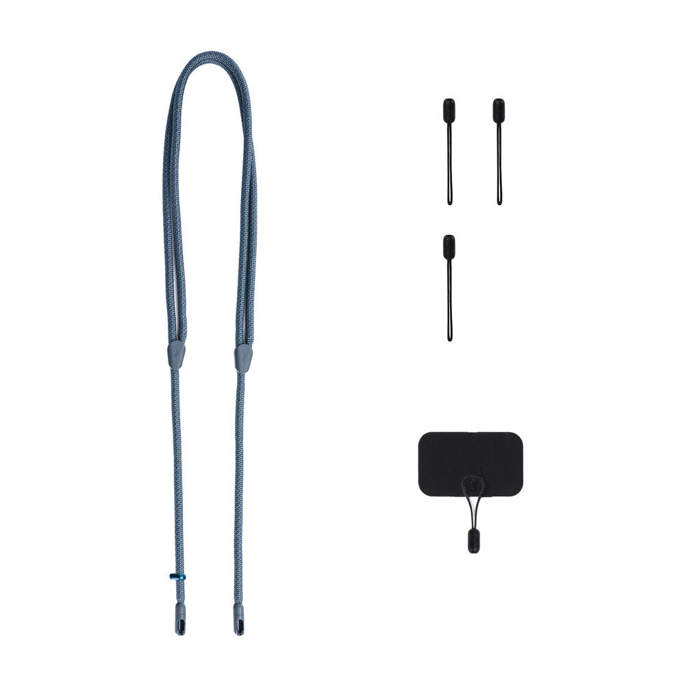 Set of camera strap components on a white background