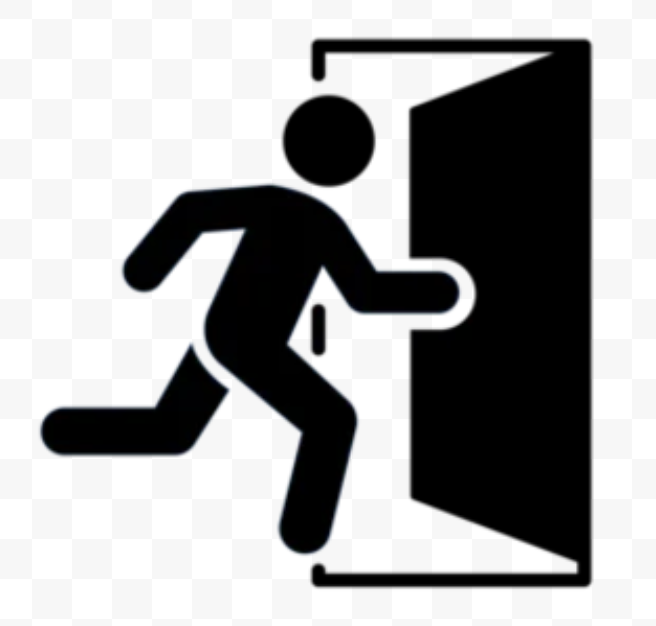Black and white icon of a person running out of a door to indicate in store pickup