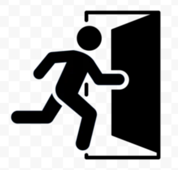 Black and white icon of a person running out of a door to indicate in store pickup