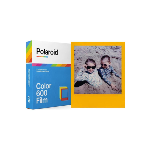 Polaroid 600 Color Frames Edition film box with an example instant photo featuring two children in a yellow border.