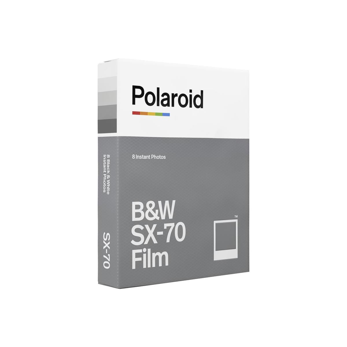 Polaroid B&W SX-70 instant film box in white and grey, featuring 8 exposures for classic monochrome photography.