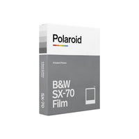 Polaroid B&W SX-70 instant film box in white and grey, featuring 8 exposures for classic monochrome photography.
