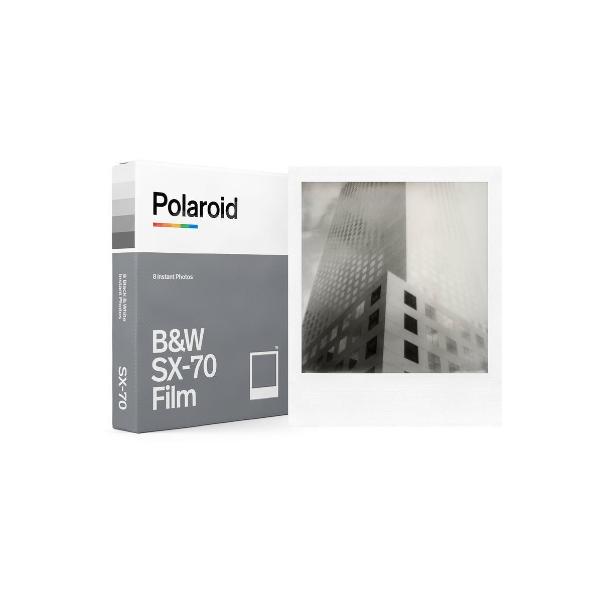 Polaroid B&W SX-70 instant film pack with 8 exposures and a sample square monochrome photo in a classic white frame.