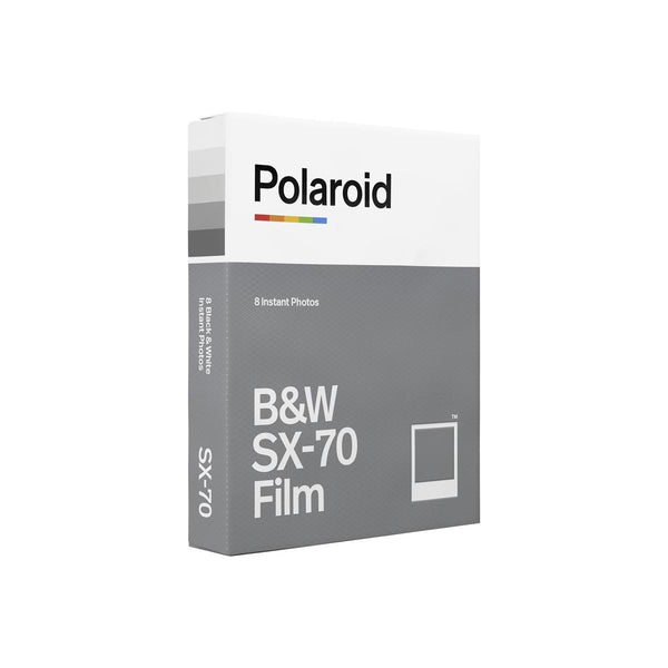 Polaroid B&W SX-70 instant film box with white and grey branding, featuring 8 exposures for classic monochrome photos.