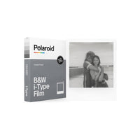 Polaroid B&W i-Type film box with 8 exposures and a sample monochrome square photo in a classic white frame.