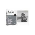 Polaroid B&W i-Type film pack with 8 exposures and a sample monochrome square photo in a classic white frame.