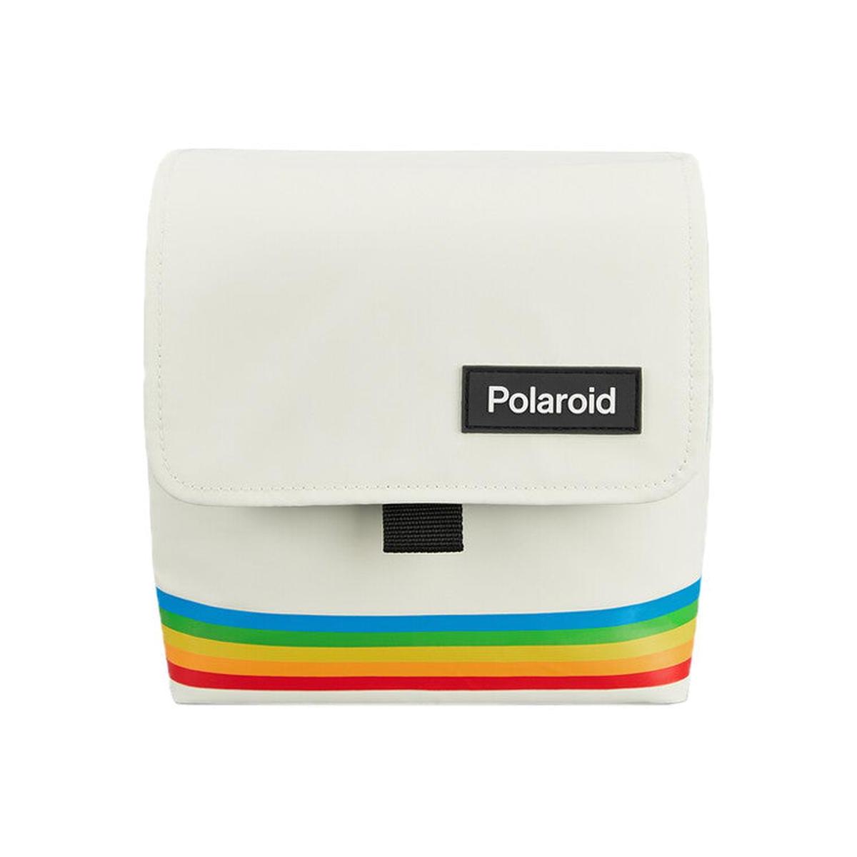 White nylon Polaroid box camera bag featuring a rainbow stripe design, fold-over flap, and black Polaroid logo patch.