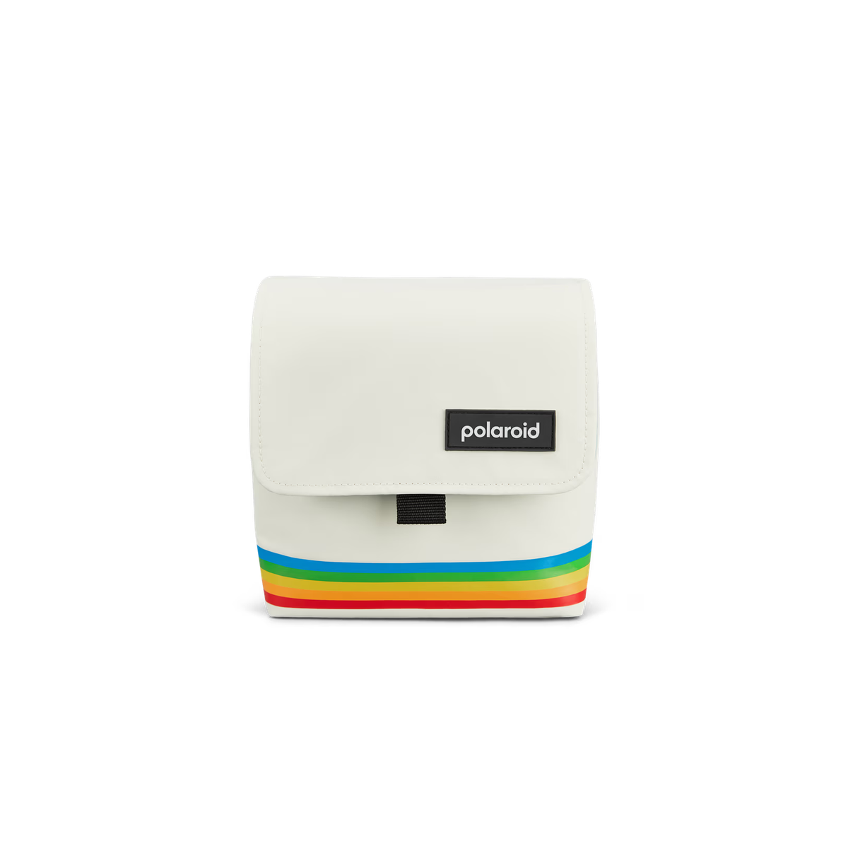 White Polaroid box camera bag made of soft nylon with a rainbow stripe design and a black logo patch.