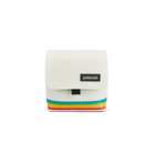 White Polaroid box camera bag made of soft nylon with a rainbow stripe design and a black logo patch.