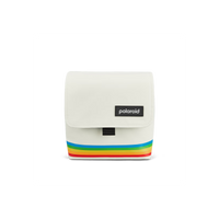 White Polaroid box camera bag made of soft nylon with a rainbow stripe design and a black logo patch.