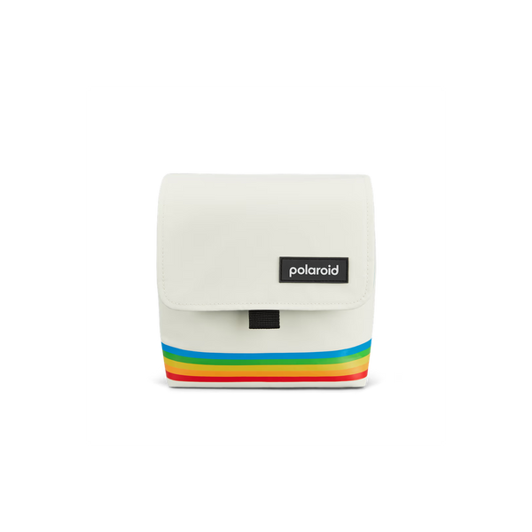 White Polaroid box camera bag made of soft nylon with a rainbow stripe design and a black logo patch.