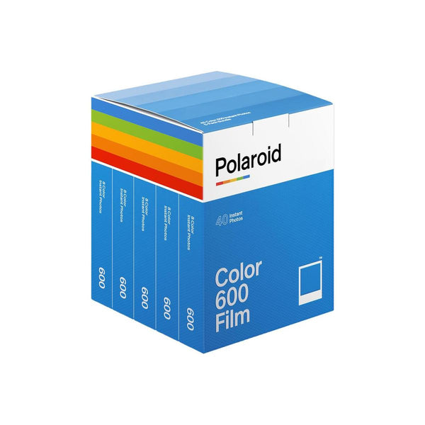 Polaroid Color 600 instant film 5-pack box with 40 exposures, featuring a blue design and classic rainbow stripe branding.