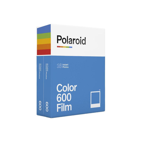 Polaroid Color 600 instant film double pack box with blue branding and 16 total exposures on a white background.