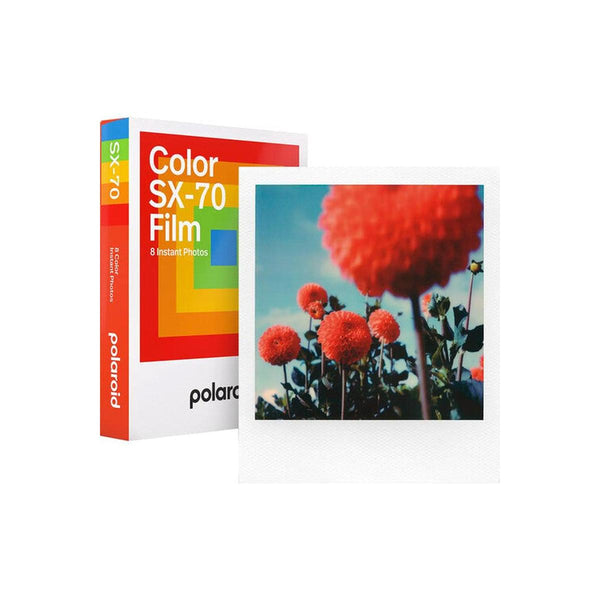 Polaroid Color SX-70 film box with 8 exposures and a classic white-framed square instant photo of red flowers.