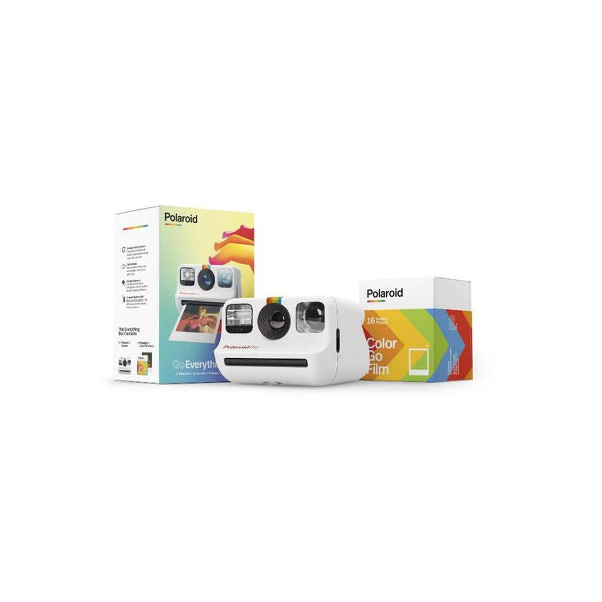 White Polaroid Go instant camera with a double pack of color film and branded packaging box on a white background.