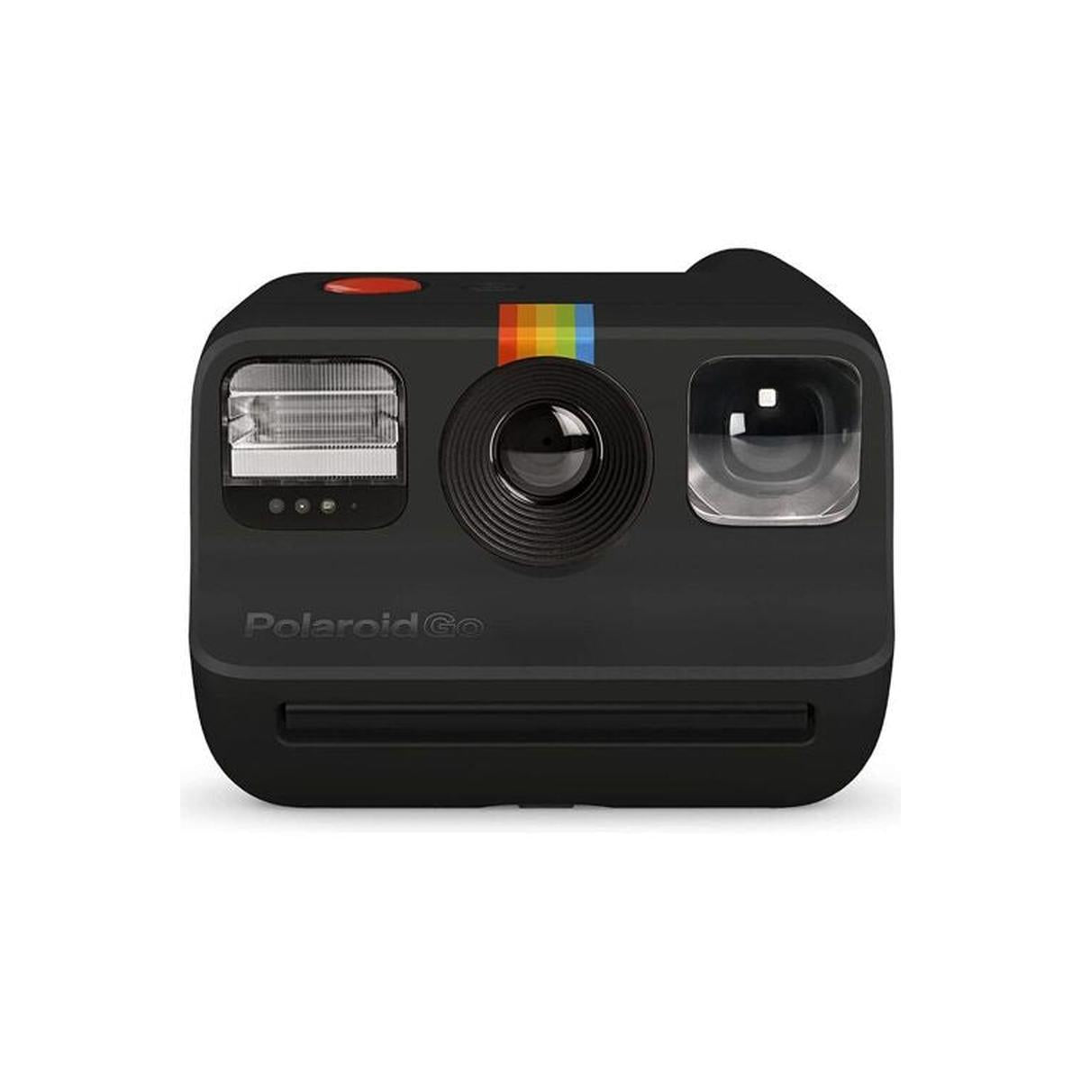 Compact black Polaroid Go instant camera featuring a front flash, selfie mirror, and iconic rainbow stripe detail.