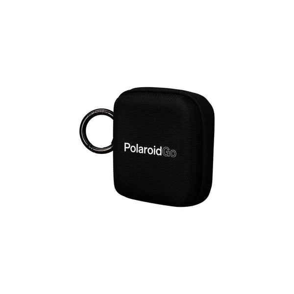 Compact black Polaroid Go pocket photo album with a textured finish and a convenient side carabiner clip.