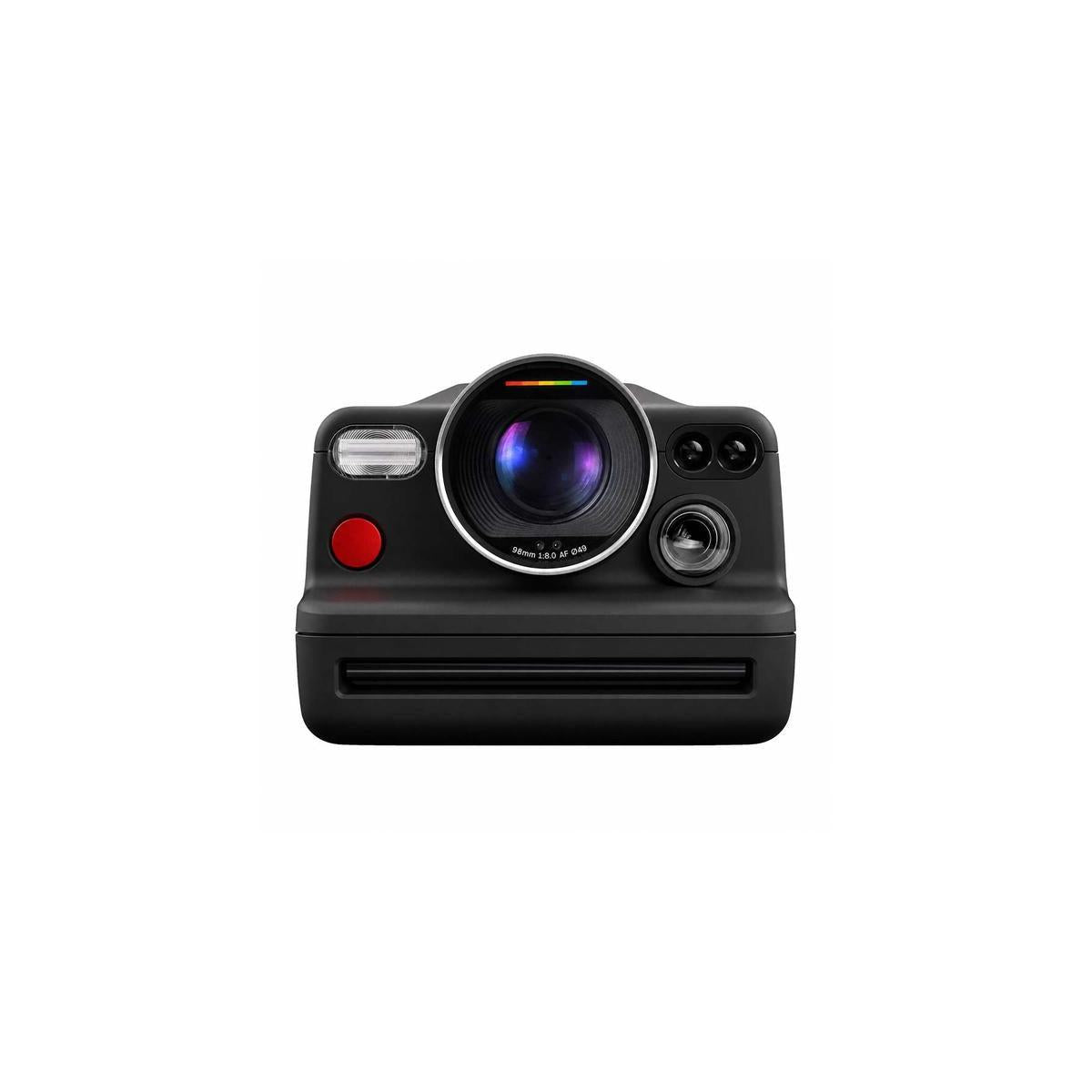 Polaroid I-2 instant camera in matte black with a 98mm lens, LiDAR sensor, and iconic red shutter button.