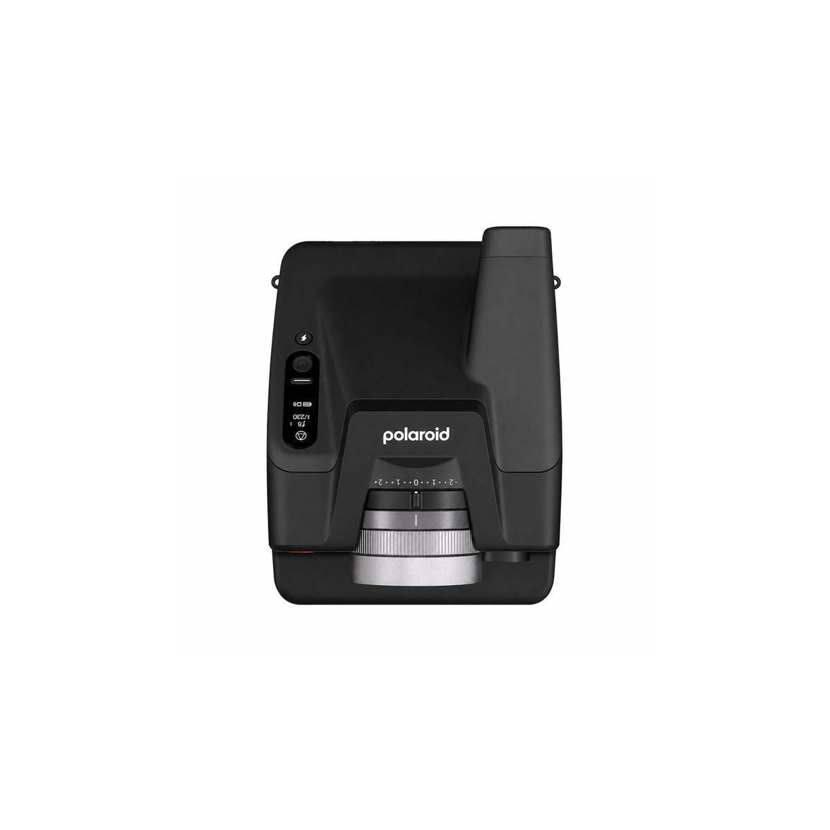 Top-down view of a black Polaroid I-2 instant camera featuring a prominent silver lens ring and digital exposure display.