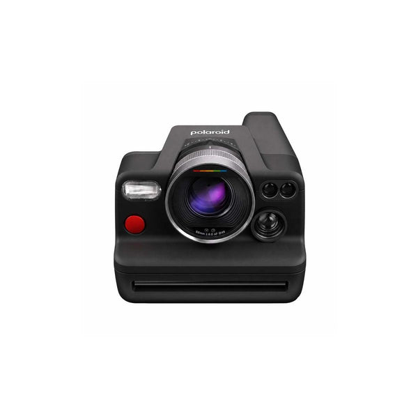 Matte black Polaroid I-2 instant camera featuring a prominent 98mm f/8 lens, LiDAR sensor, and iconic red shutter button.
