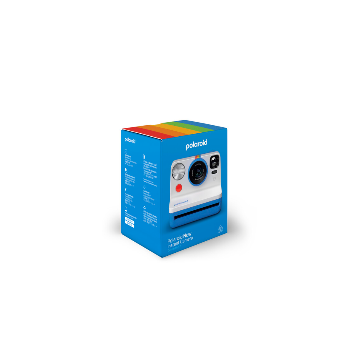 Blue Polaroid Now Gen 2 instant camera in its branded retail box featuring a colorful rainbow top design.