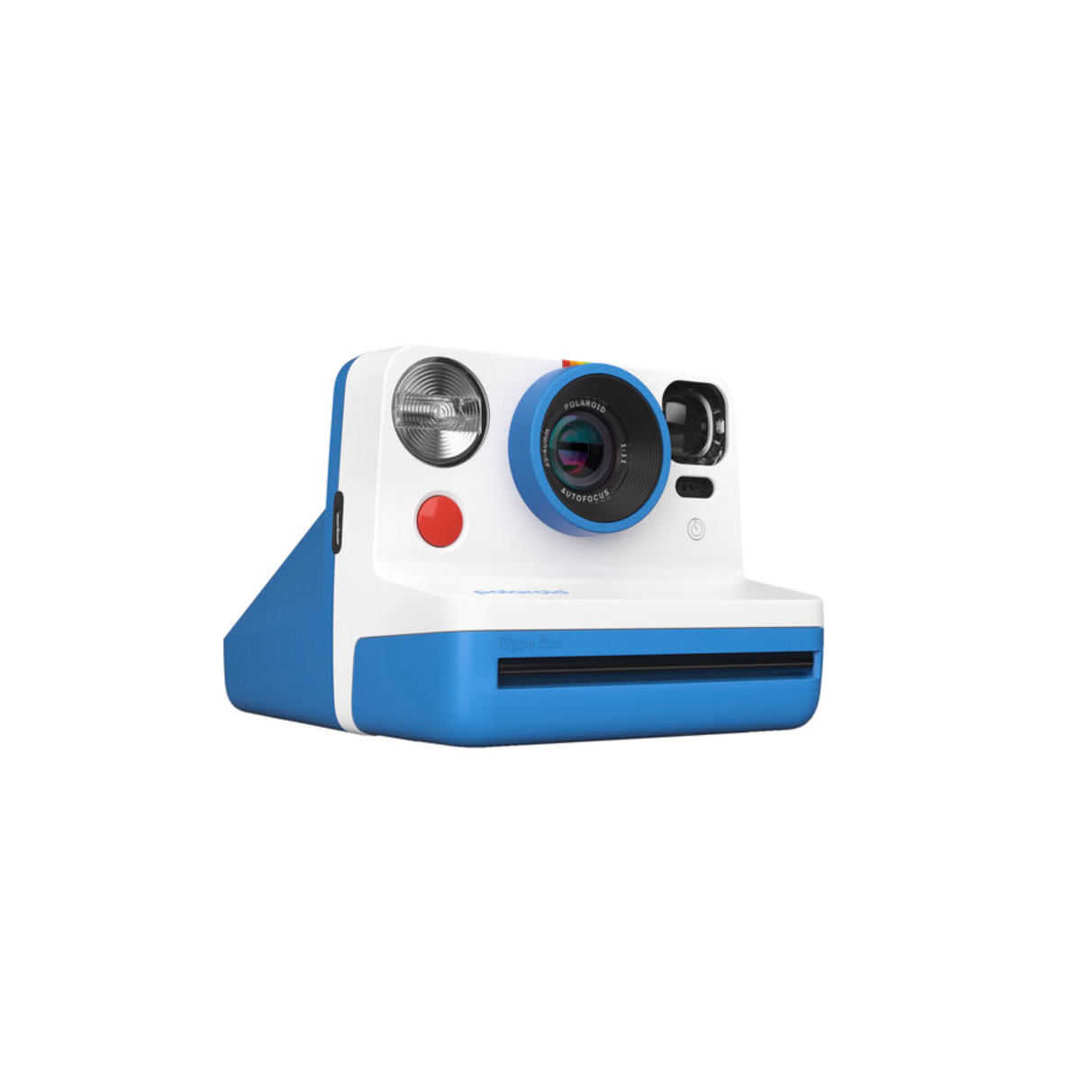 Blue and white Polaroid Now Gen 2 instant camera with a red shutter button, autofocus lens, and built-in flash.