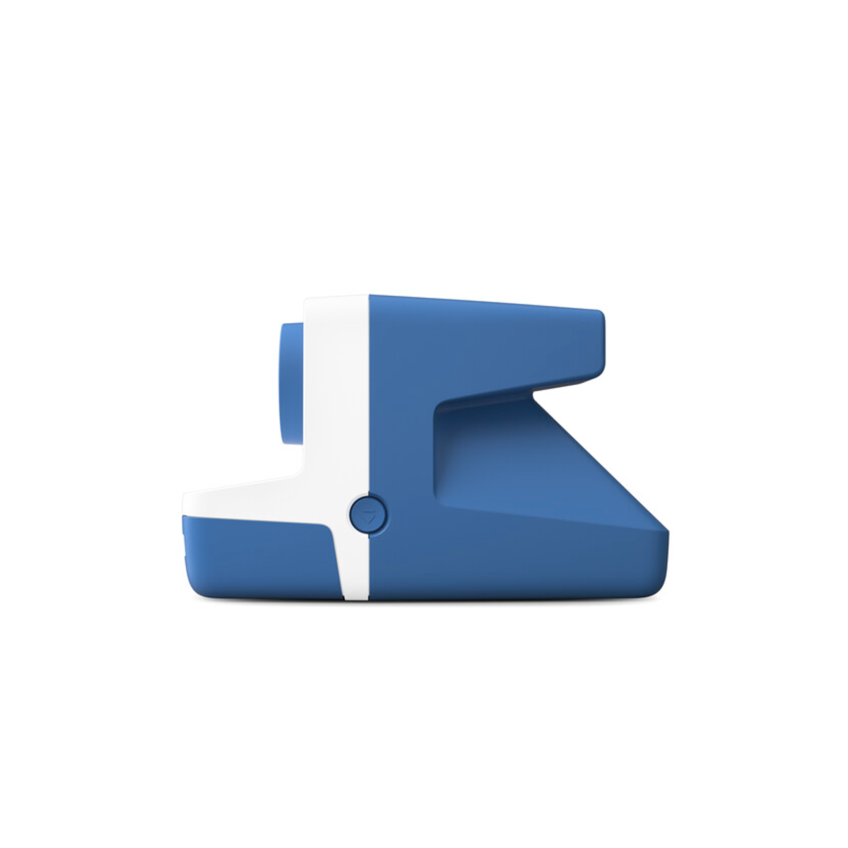 Side profile of a blue and white Polaroid Now Gen 2 instant camera with a sleek, retro-inspired design.