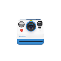 Blue and white Polaroid Now Gen 2 instant camera with a front-facing lens, flash, and red shutter button.
