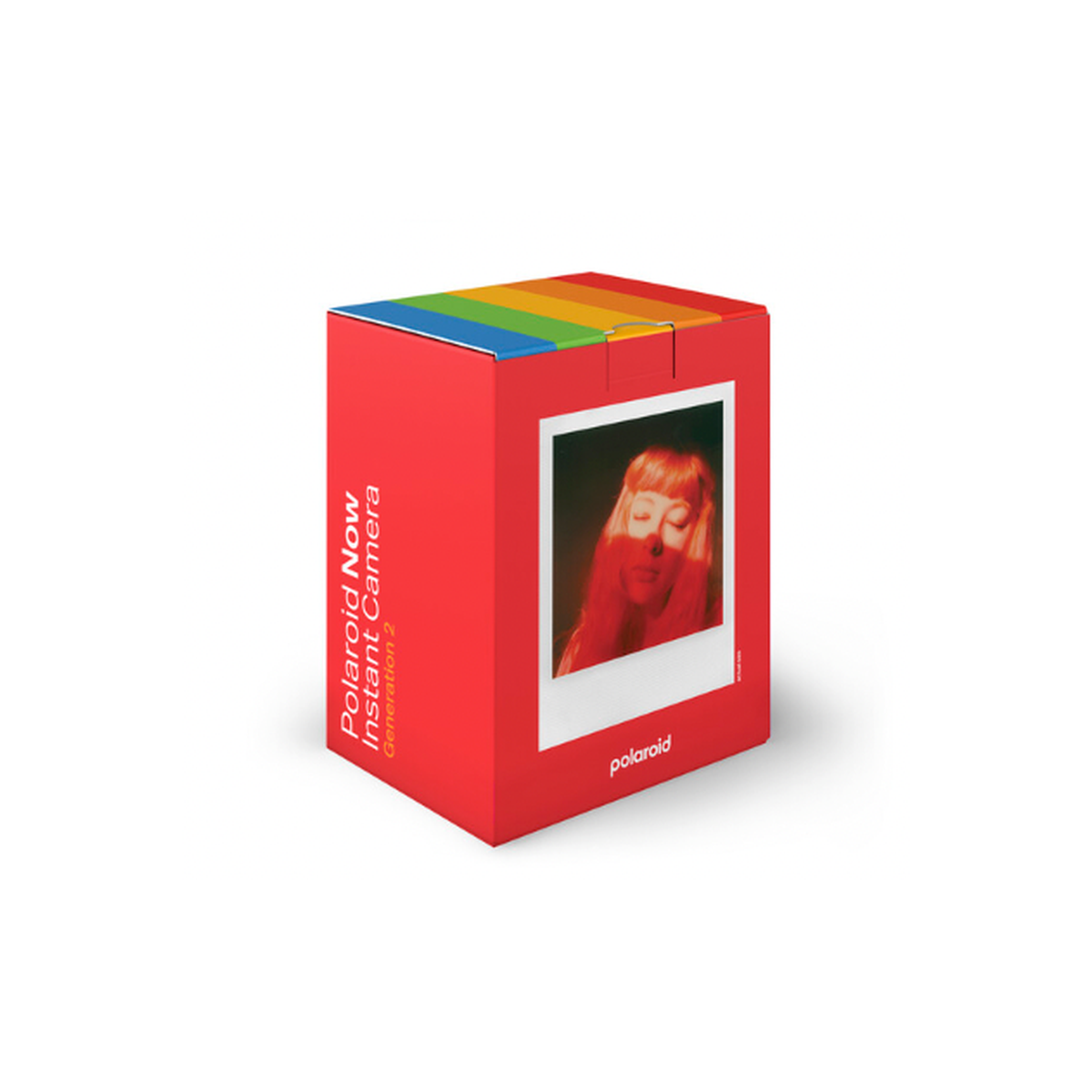Red Polaroid Now Gen 2 instant camera box with a colorful rainbow top and a sample photo print on the front.