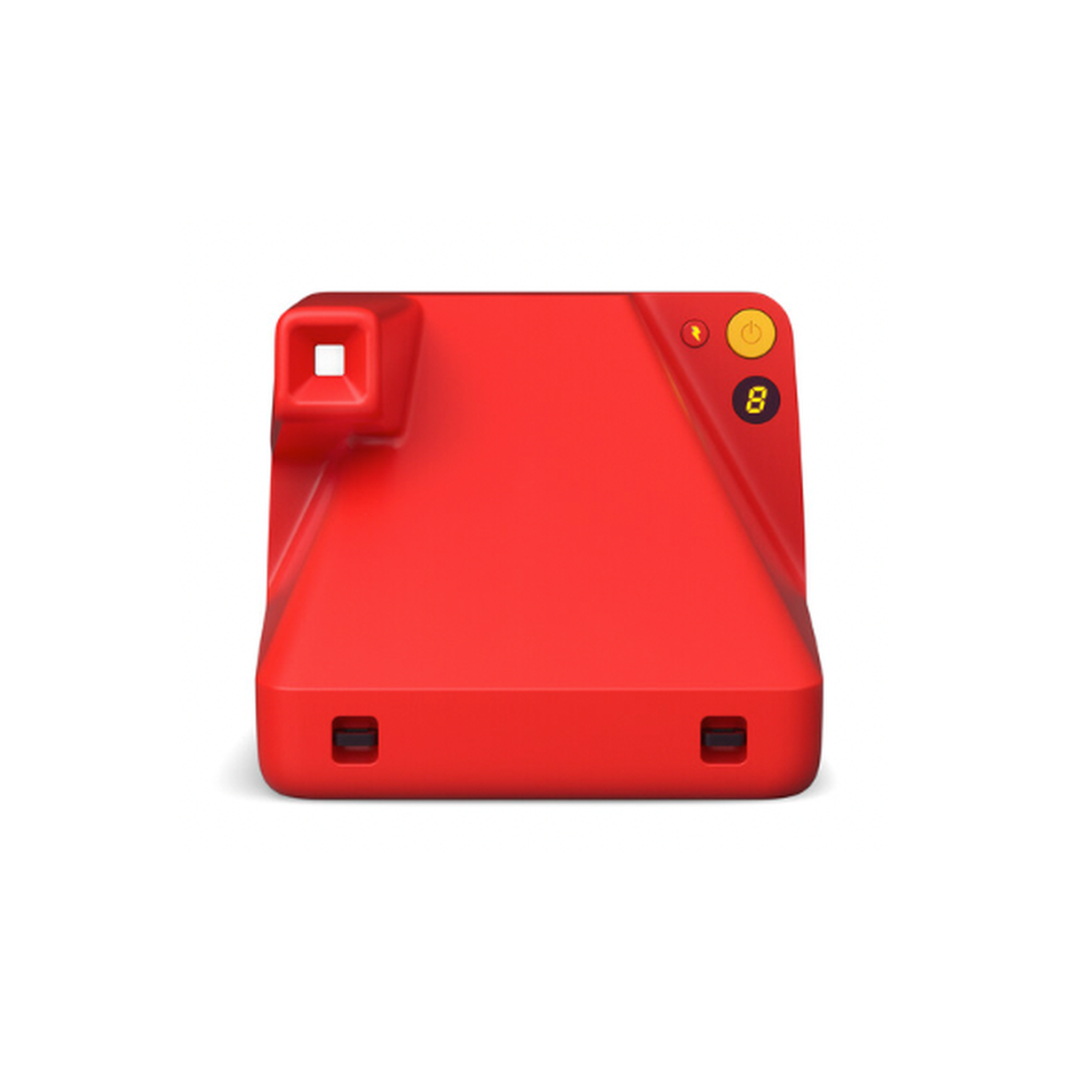 Bright red Polaroid Now Gen 2 instant camera showing the rear viewfinder, power button, flash control, and film counter.