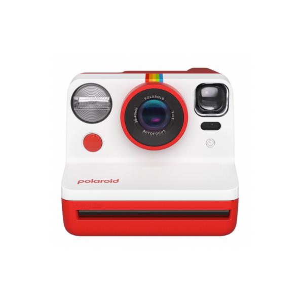 Red and white Polaroid Now Gen 2 instant camera with a front-facing autofocus lens, built-in flash, and film slot.