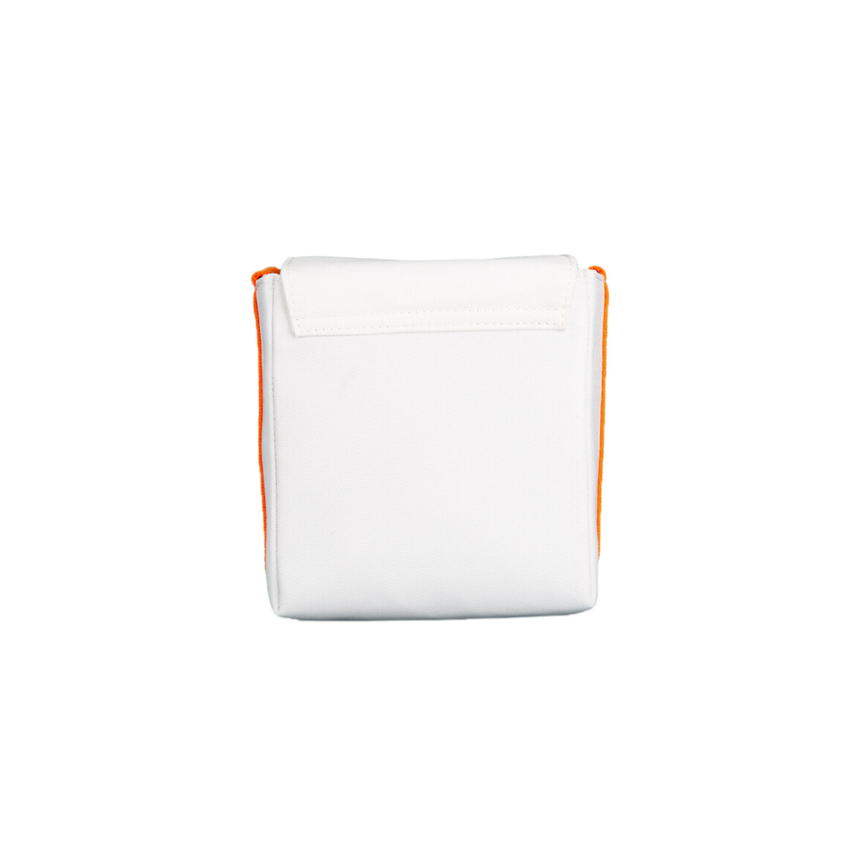 White and orange polyester Polaroid Now camera bag with a foldover magnetic flap, isolated on a white background.