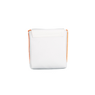 White and orange polyester Polaroid Now camera bag with a foldover magnetic flap, isolated on a white background.