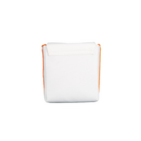 White and orange polyester Polaroid Now camera bag with a foldover magnetic flap, isolated on a white background.