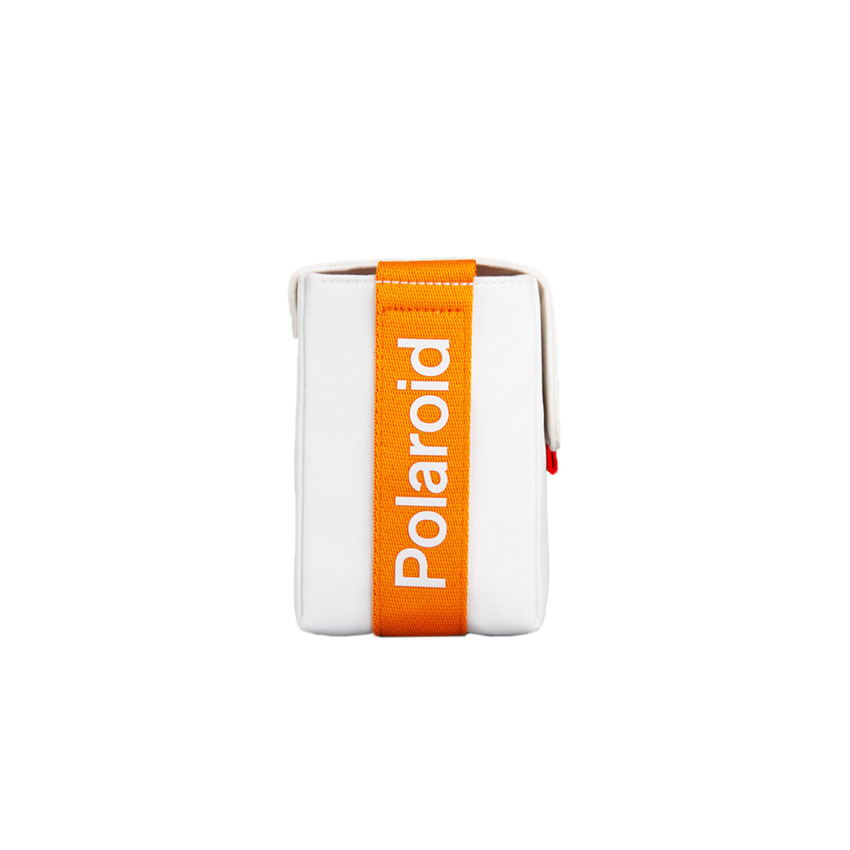 White polyester Polaroid Now camera bag with an orange branded strap and foldover magnetic closure.