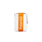 White polyester Polaroid Now camera bag with an orange branded strap and foldover magnetic closure.