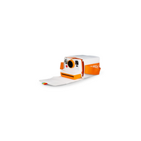 White and orange Polaroid Now camera bag with adjustable strap and magnetic foldover flap, shown with an instant camera.