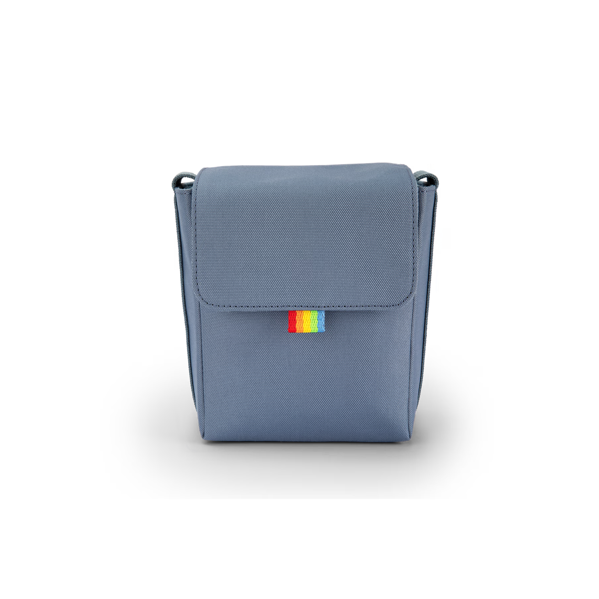 Blue rectangular bag with a colorful tag on a white background