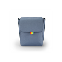 Blue rectangular bag with a colorful tag on a white background