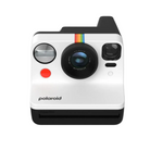 Polaroid Now Generation 2 instant camera in white and black with a rainbow stripe, autofocus lens, and red shutter button.